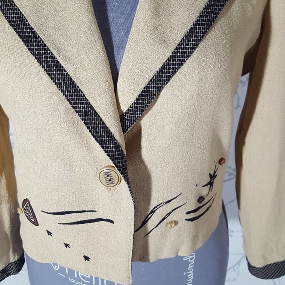 City Girl VTG Pale Yellow Indigenous Symbols Printed Single Button Blazer - Picture 2 of 5